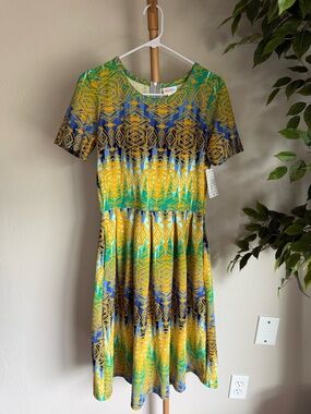 LulaRoe Amelia Yellow & Blue Pattern Short Sleeve Midi Dress Women’s Size L NWT
